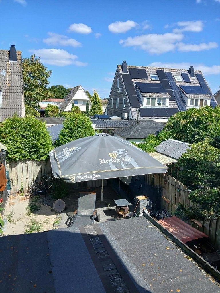 Grote Hertog Jan horecaparasol ca 4 x 4 meter, Ophalen, Gebruikt, Waterdicht, Stokparasol