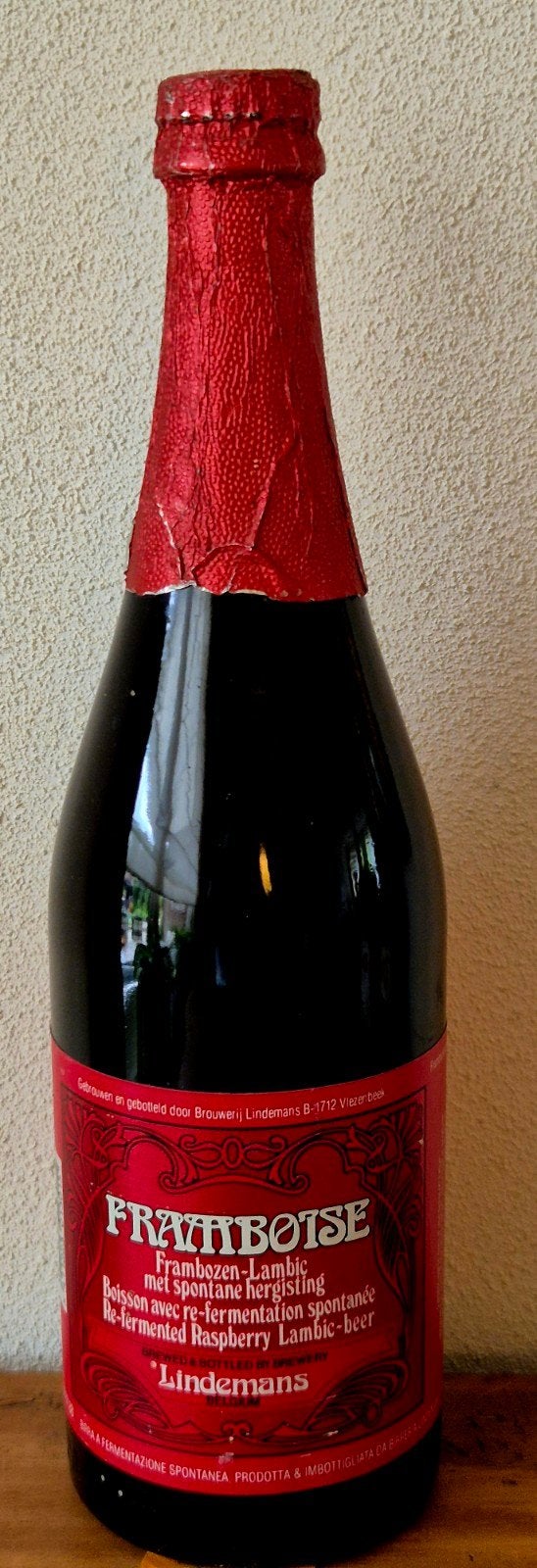 1985 fles Lindemans Framboise Belgisch fruit bier lambiek, Verzamelen, Ophalen of Verzenden, Zo goed als nieuw, Flesje(s), Overige merken