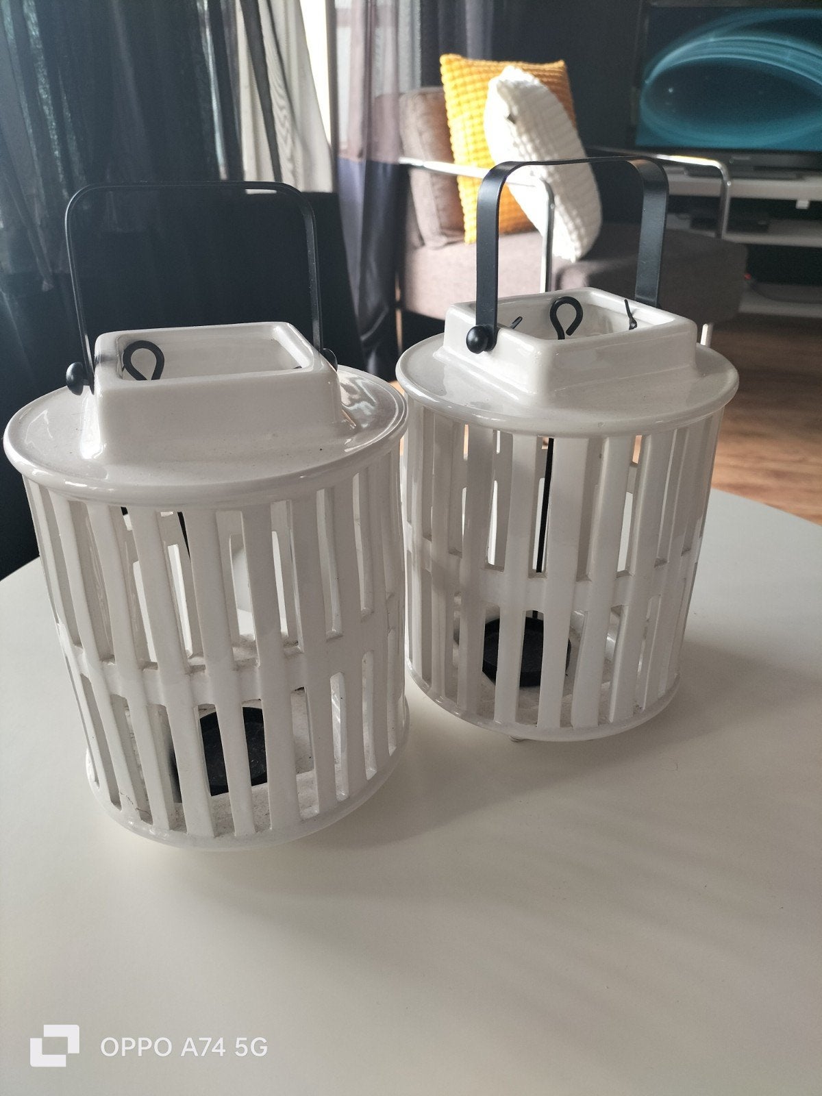 Set van 2 Witte Keramische Lantaarns, Ophalen of Verzenden, Zo goed als nieuw, Modern, Wit