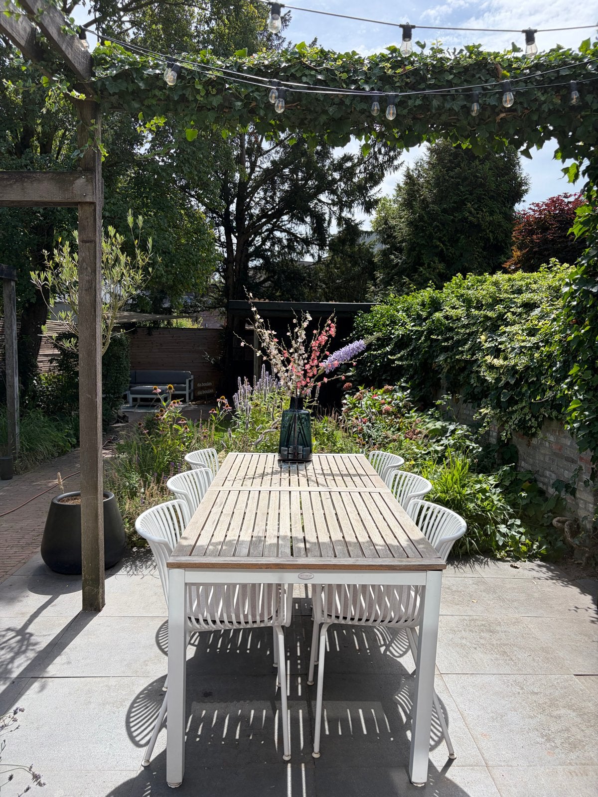 Jutlandia tuintafel 201x100cm met Raffles hoes, Ophalen, Gebruikt, Eettafel, 6 zitplaatsen