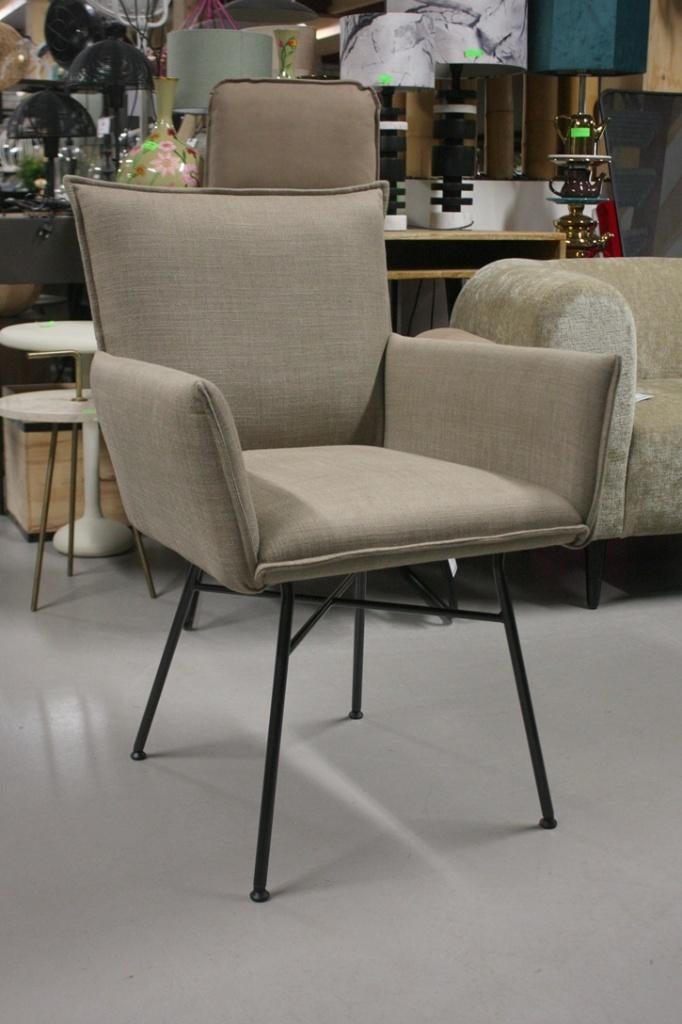 8 luxe eetkamerstoelen Sanne Jess stof leer armleuningen, Ophalen, Bruin, Zo goed als nieuw, Vijf, Zes of meer stoelen