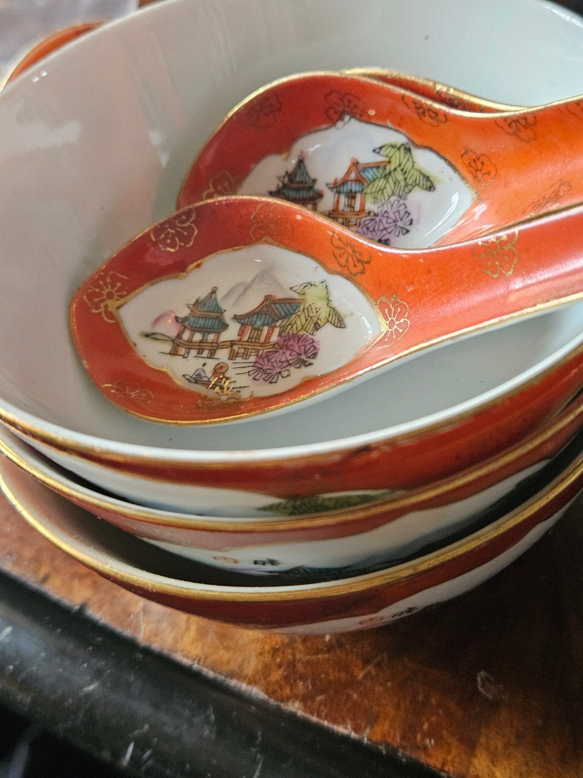 Set van 4 Chinese rijstkommen met lepels, handgeschilderd, Ophalen of Verzenden