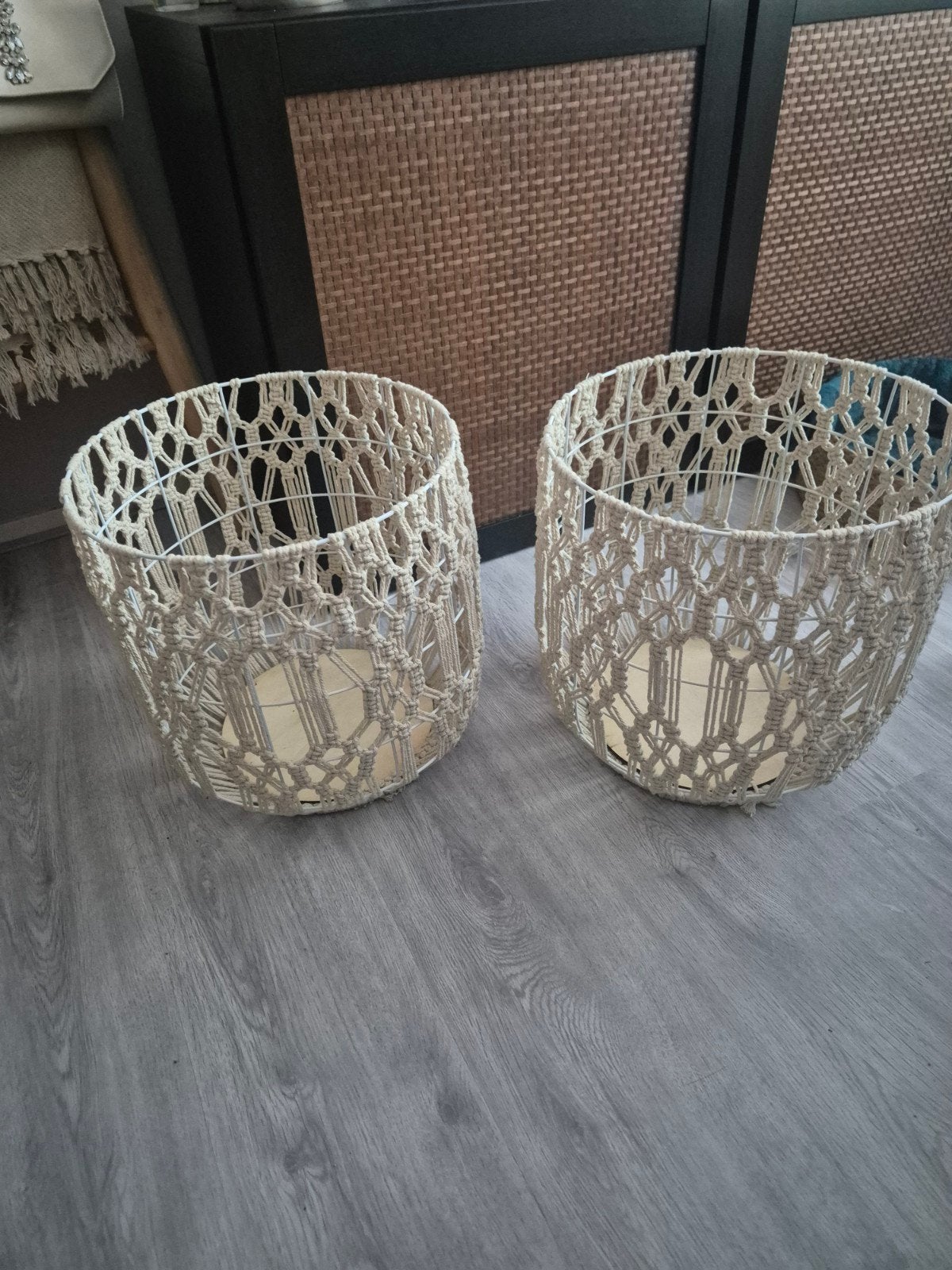 Set van 2 macrame manden opbergers, Huis en Inrichting, Ophalen, Beige, Boho, Zo goed als nieuw