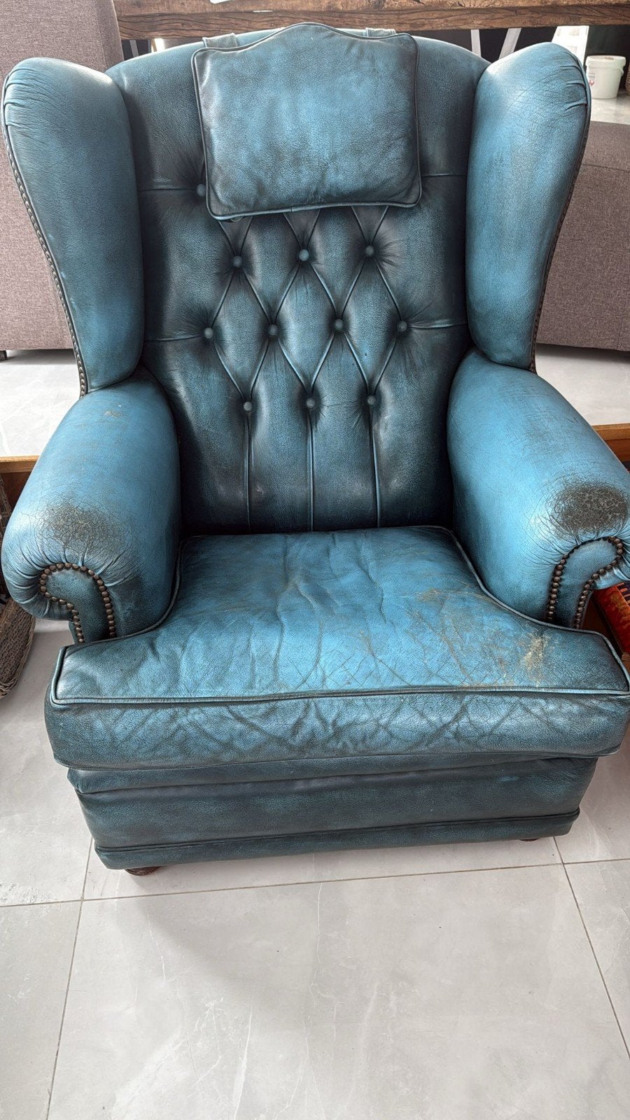 Chesterfield bank - Vintage blauw leer, Ophalen, Gebruikt, Chesterfield, Vintage, 100 tot 125 cm