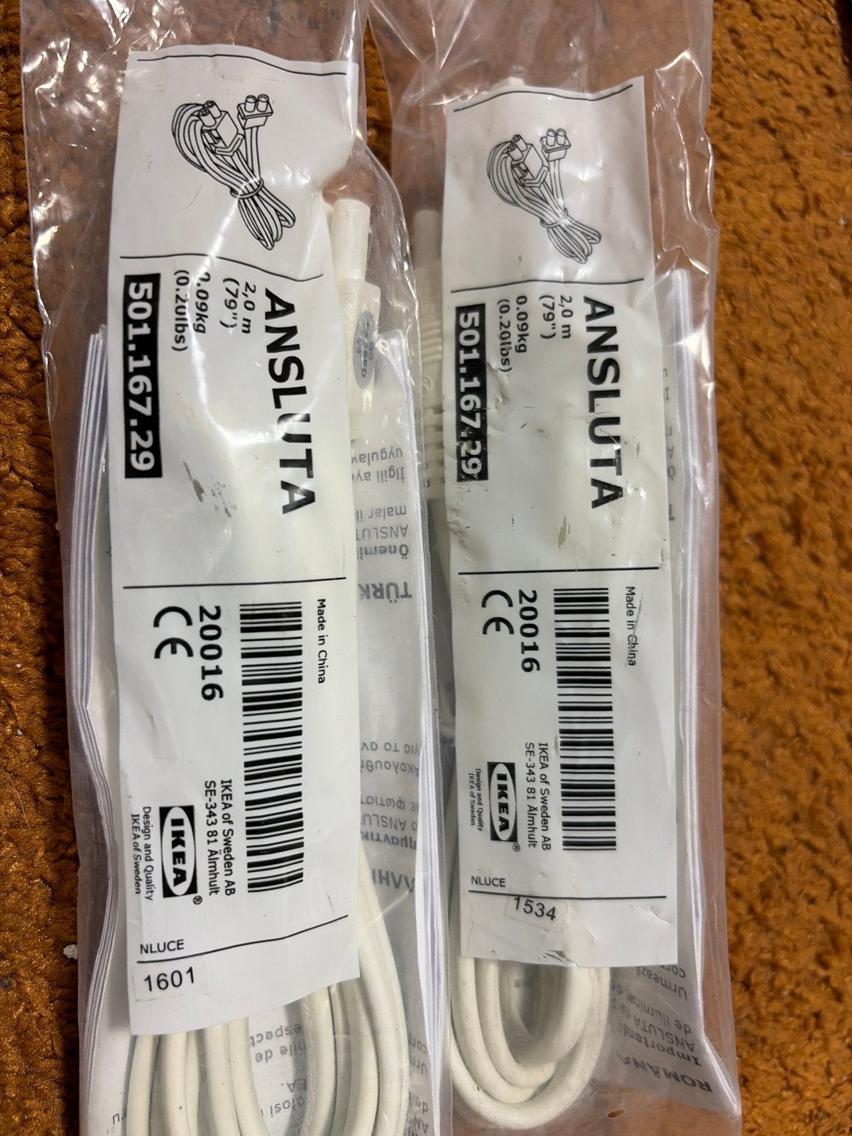 IKEA ANSLUTA Aansluitkabel 2.0m (2 stuks), Wit, Kunststof, Nieuw, Ophalen of Verzenden