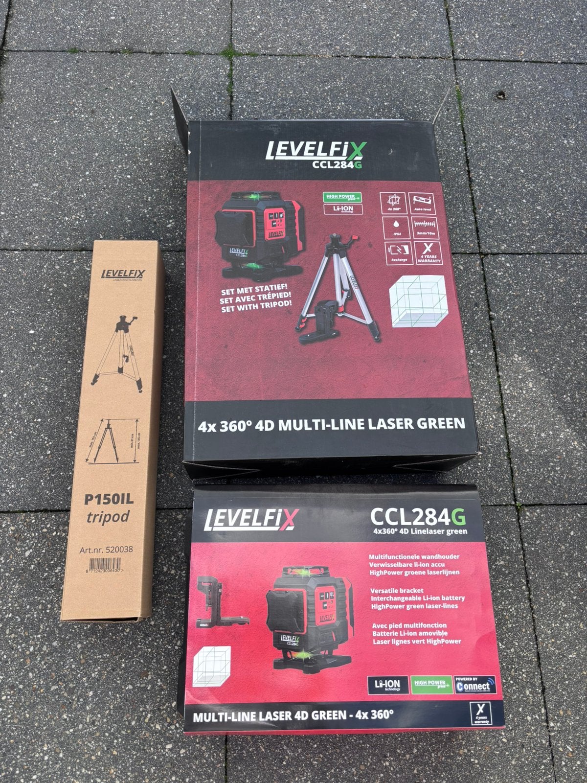 Levelfix CCL284G 4D Kruislijnlaser Set statief groen - 30m, Ophalen of Verzenden, Nieuw, Afstand