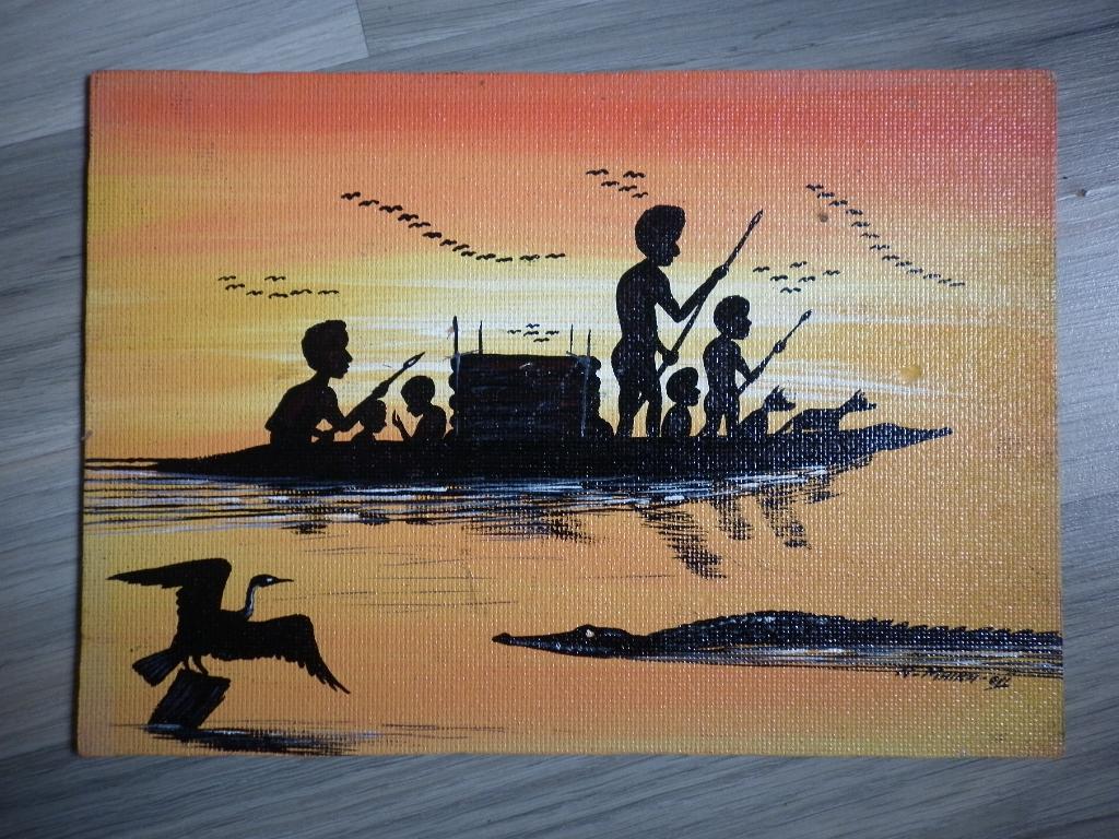 Schilderij (30 x 20 cm) Papoea Nieuw Guinea - kanoe reiziger, Ophalen of Verzenden