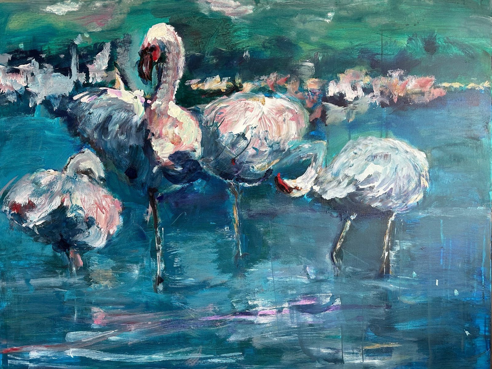 Acrylschilderij: Flamingo's in het water, Ophalen