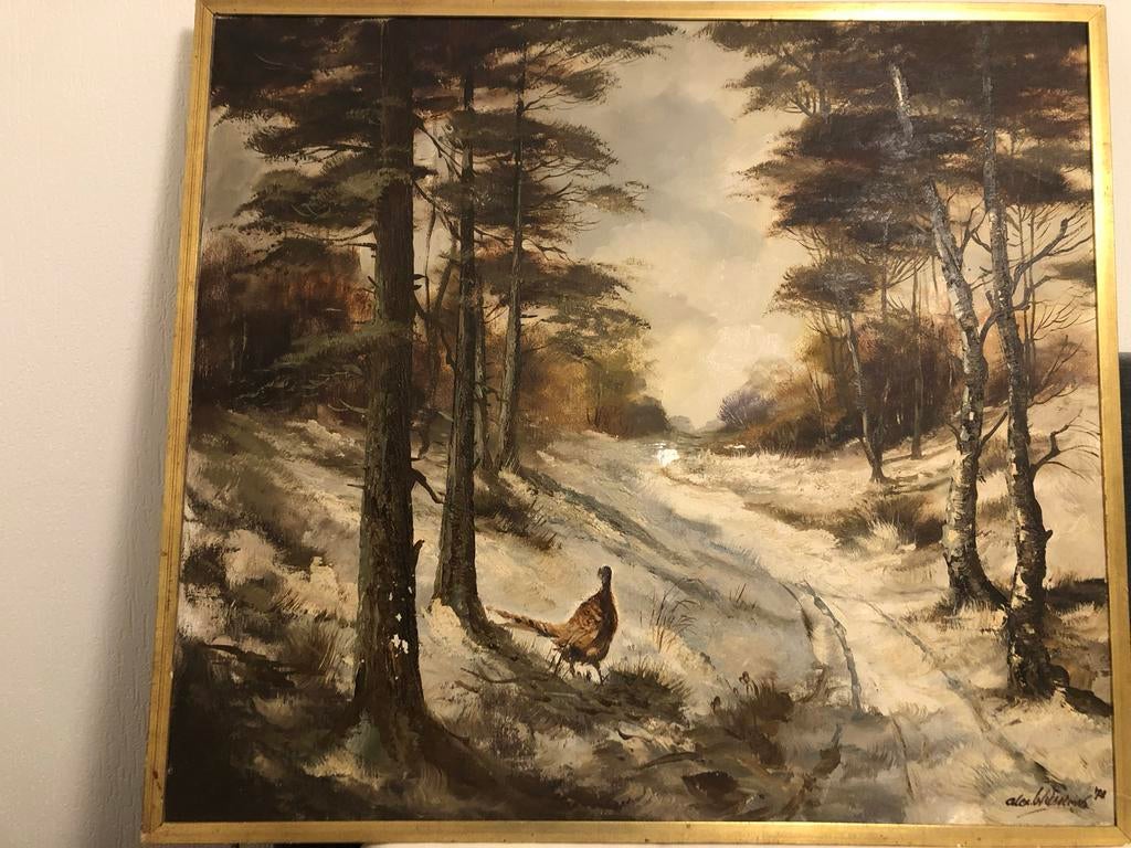 Schilderij: Winterlandschap met fazant, gesigneerd, Antiek en Kunst, Kunst | Schilderijen | Klassiek, Ophalen