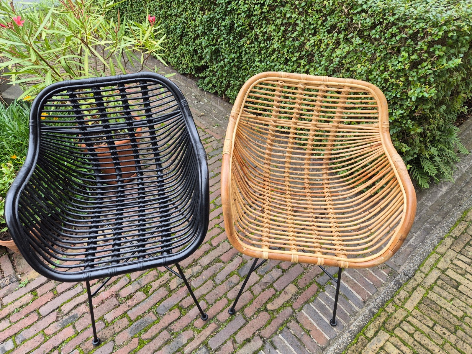 Set van 2 rotan stoelen - Zwart en naturel, Ophalen, Twee, Zo goed als nieuw, Metaal
