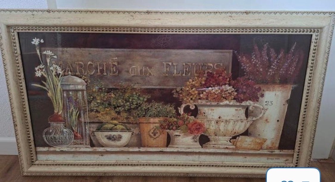 Decoratieve print 'Marché aux Fleurs' in lijst, Ophalen, Gebruikt, 50 tot 75 cm, Print