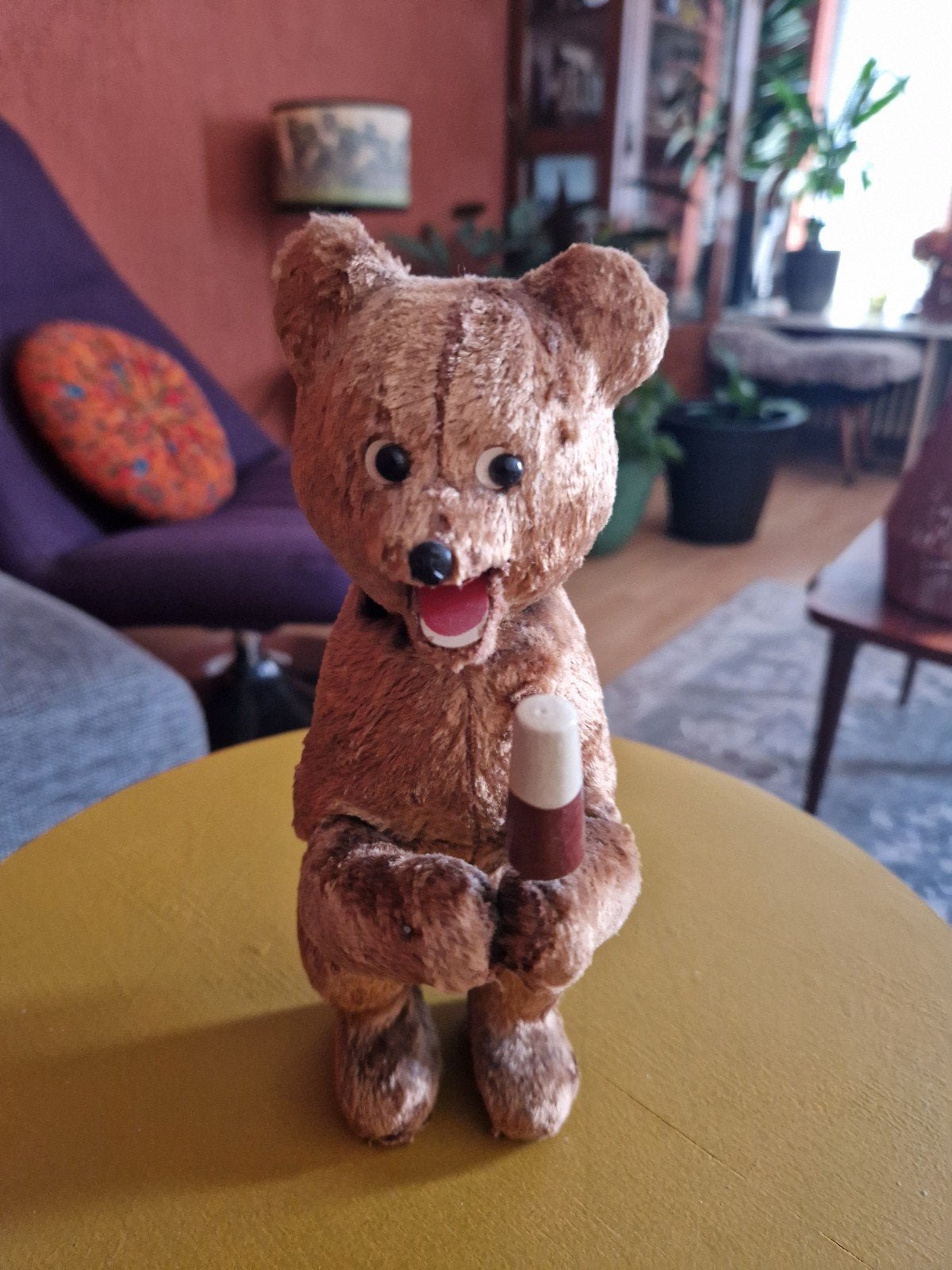 Vintage opwind Teddybeer met Flesje - Antiek Speelgoed, Ophalen of Verzenden, Gebruikt