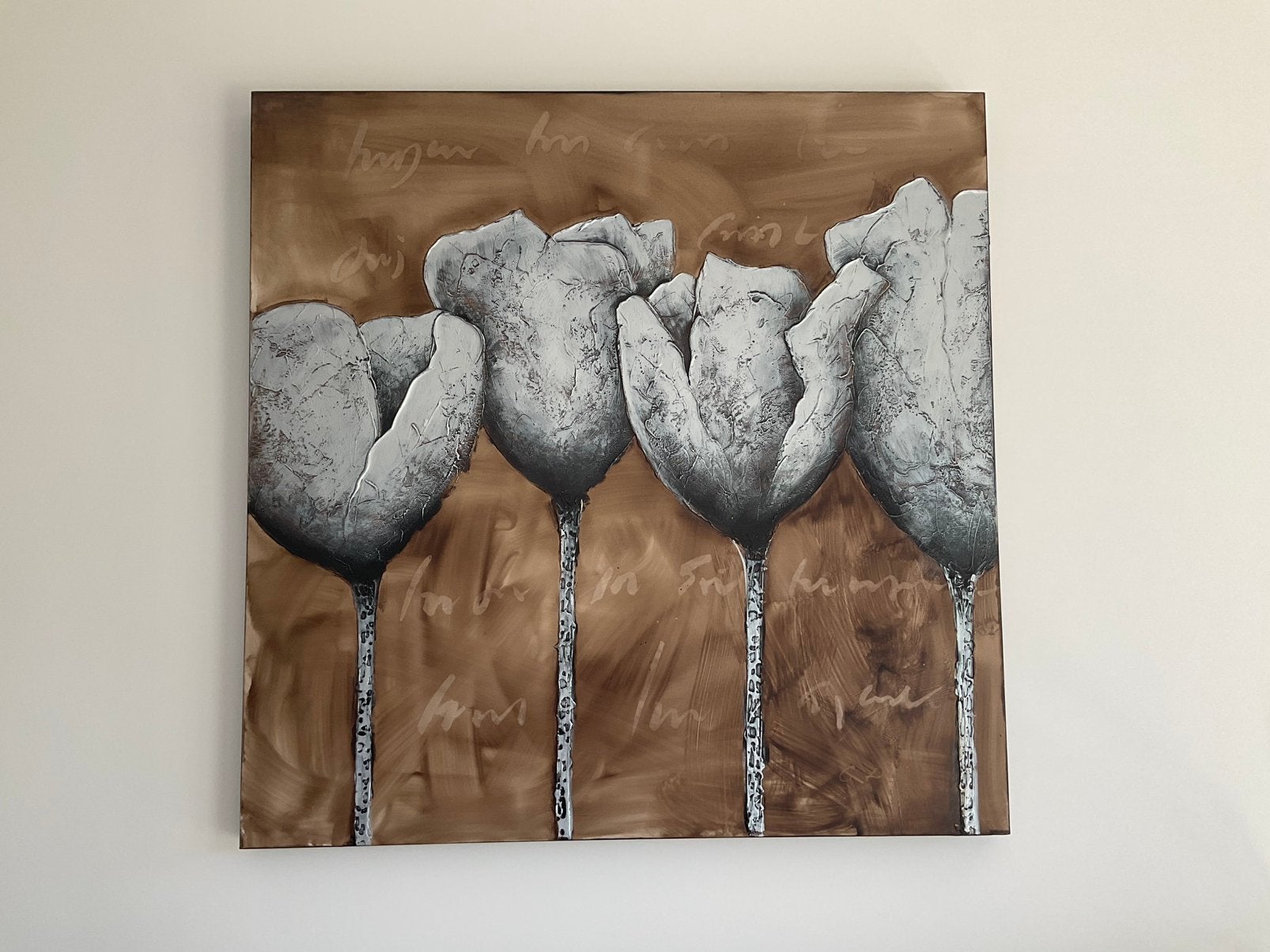 Modern/abstract tulpen schilderij 100x100x 5cm, Ophalen, Olieverf, Bloemen, Textiel