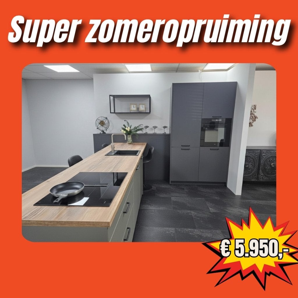 Showroomkeuken met schiereiland en Pelgrim apparatuur, Ophalen, 75 cm of meer, Nieuw, 200 cm of meer