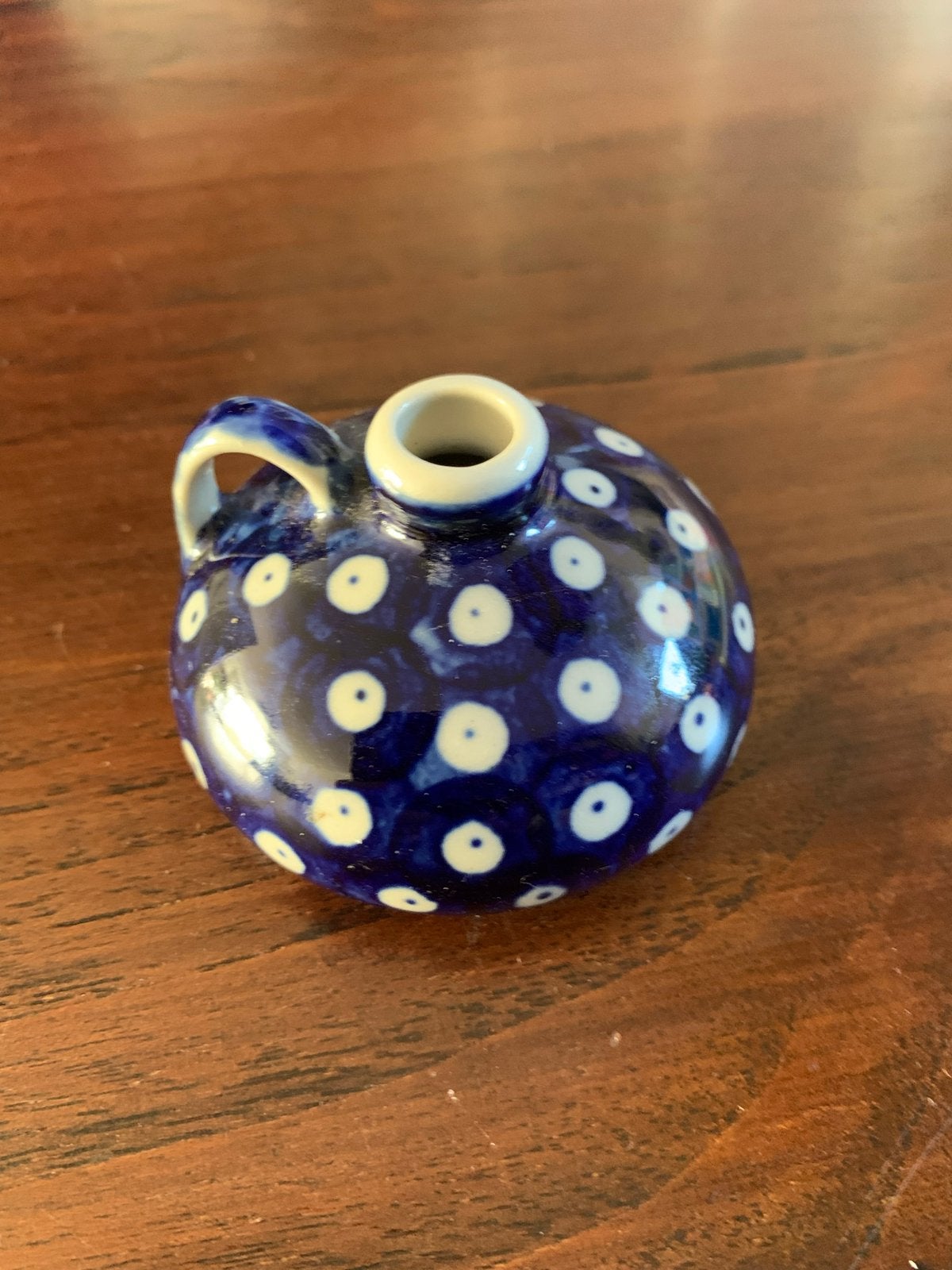 Handgemaakt mini vaasje Bunzlau keramiek - Blauw met stippen, Ophalen of Verzenden, Zo goed als nieuw