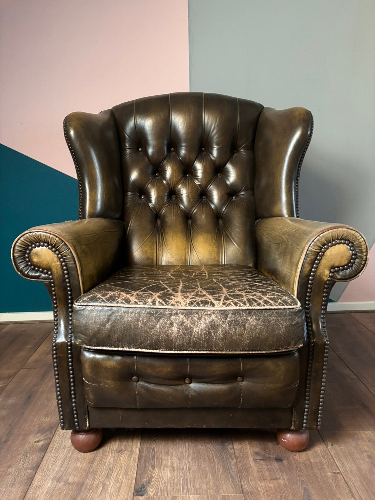 Donkergroene WADE Chesterfield fauteuil, Ophalen, Gebruikt, Klassiek, 75 tot 100 cm
