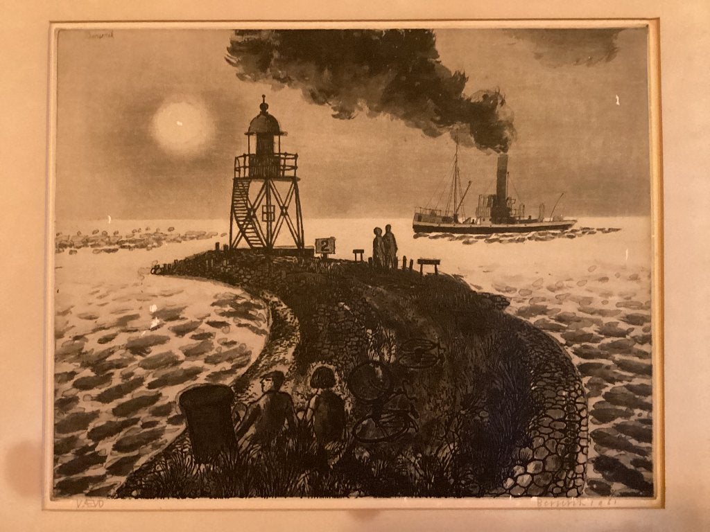Originele ets Herman Berserik - 'Op de pier'- Handgesigneerd, Antiek en Kunst, Ophalen of Verzenden, Gesigneerd, 35 cm, Landschap