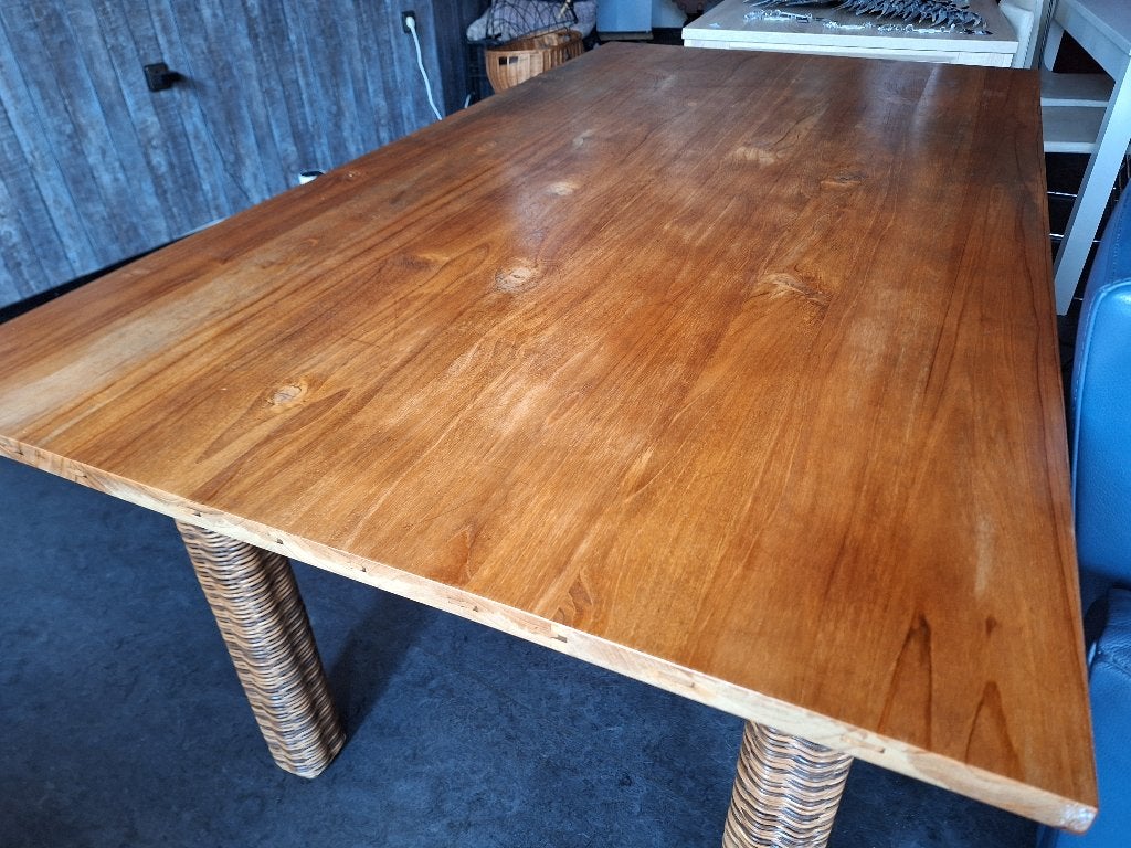 Prachtige eettafel met stevig wicker onderstel, Ophalen, Onbekend, 200 cm of meer, 50 tot 100 cm