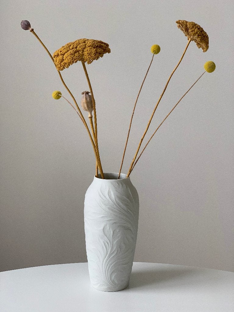 Vintage design vaas Hutschenreuther pluimen veren retro, Huis en Inrichting, 24 cm, Wit, Ophalen of Verzenden, Zo goed als nieuw