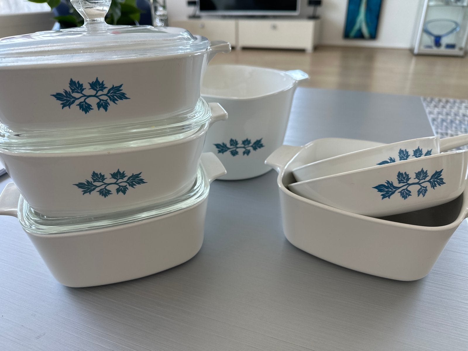 Vintage Pyroflex Schalen Set - Blauw Bladmotief, Ophalen