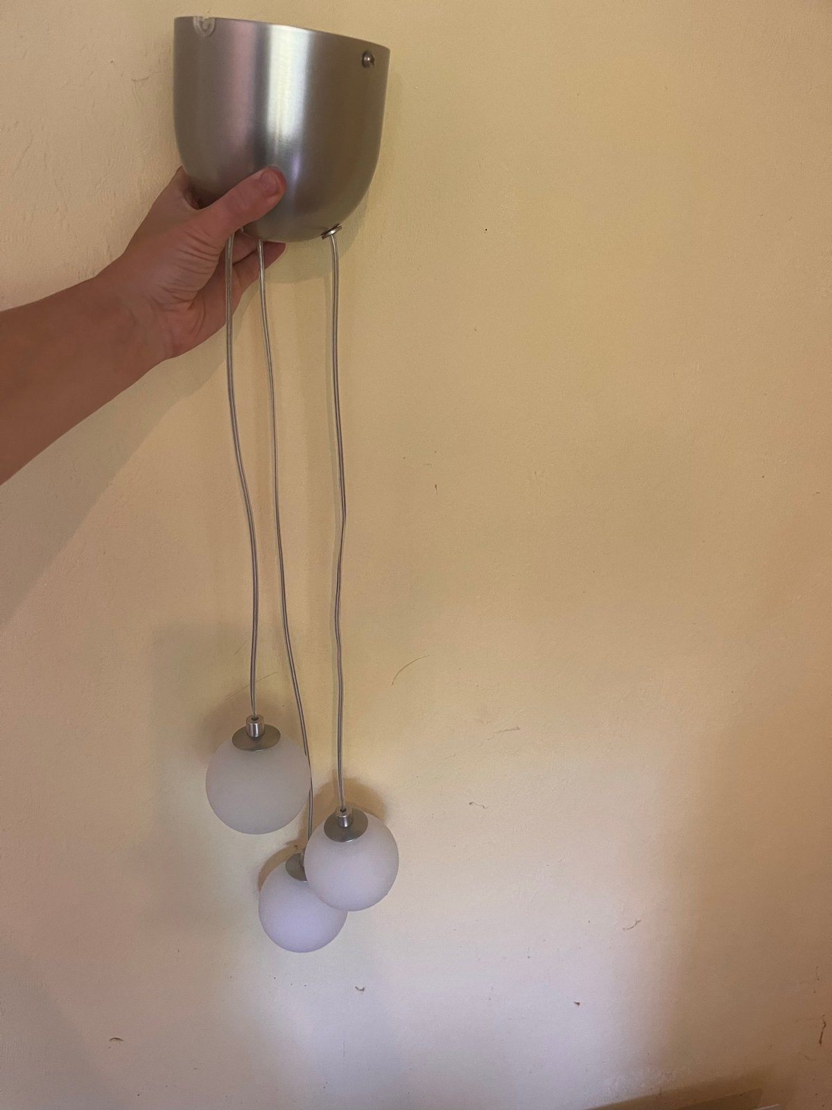 Moderne hanglamp met 3 glazen bollen, Ophalen, Gebruikt, Glas, Overige fittingen