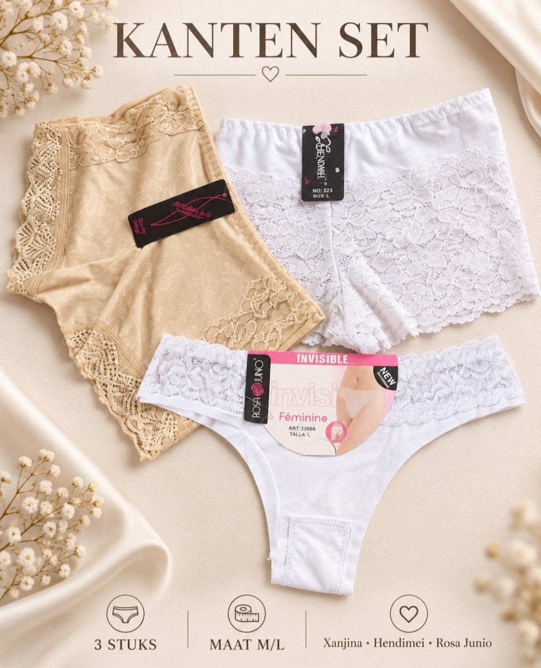 Kanten set: 2 boxershorts + 1 string (nieuw met tags), Ophalen of Verzenden, Wit, String