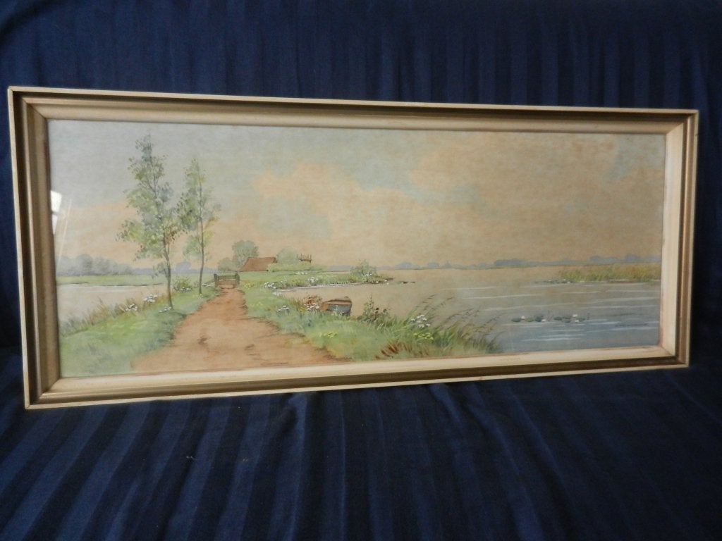 Fraaie aquarel met riviergezicht door Piet Zonneveld 26x69,5, Antiek en Kunst, Ophalen of Verzenden, Schilderij, Aquarel, Gesigneerd