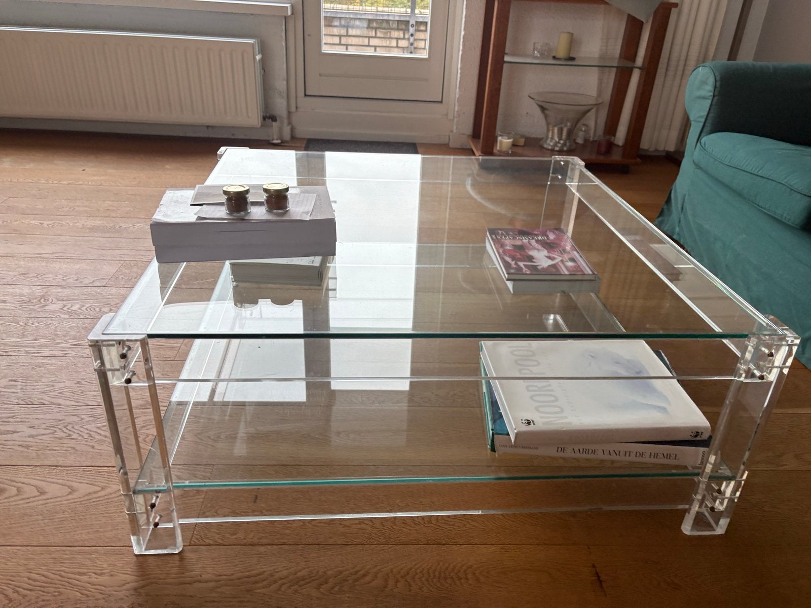 Glazen Salontafel met Plexiglas frame en Twee Niveaus, Huis en Inrichting, Tafels | Salontafels, Zo goed als nieuw, 5 – 50, 50 tot 100 cm