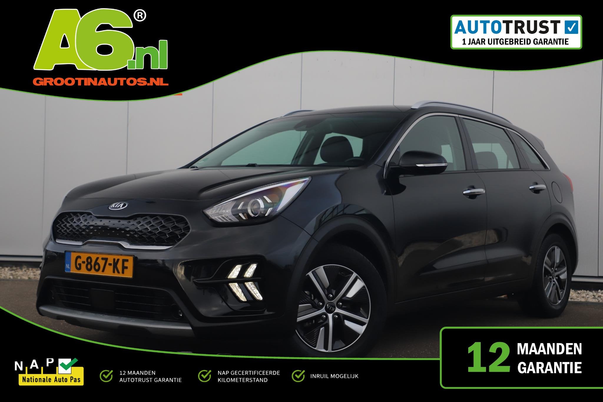 Kia Niro 1.6 GDi Hybrid DynamicLine 140PK Automaat Half Lede, Auto's, Kia, Gebruikt, Euro 6, Leder en Stof, Zwart