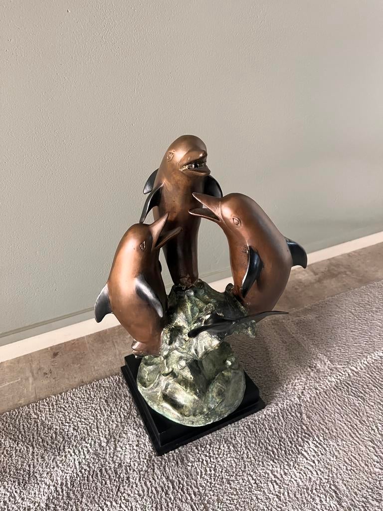 Bronzen beeld water fontein dolfijnen, Ophalen, Brons, 20 - 50 cm, Op sokkel