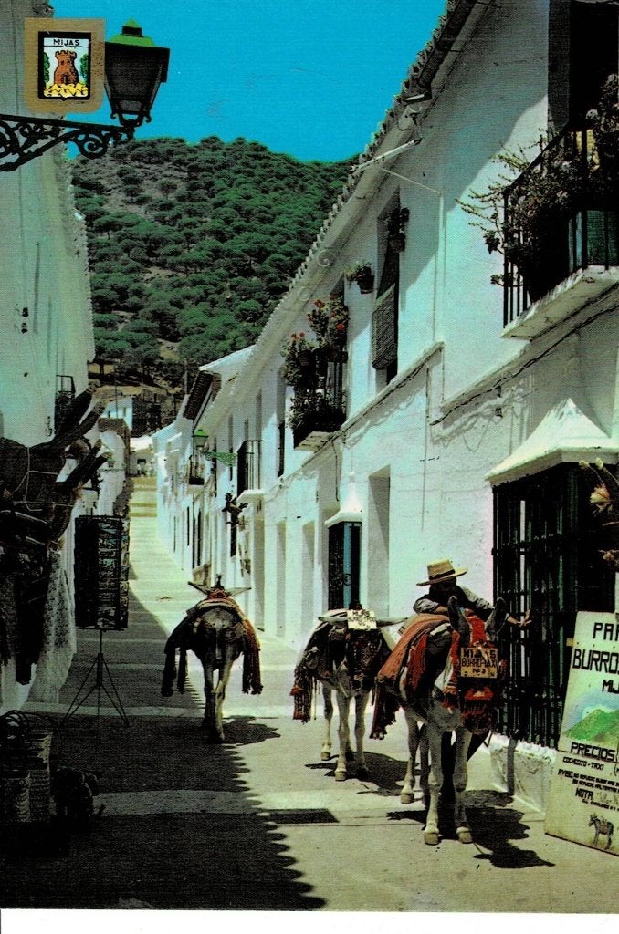 Ansichtkaart Mijas, Spanje - Ezel taxi's in de straat, Verzenden, 1960 tot 1980, Gelopen, Spanje