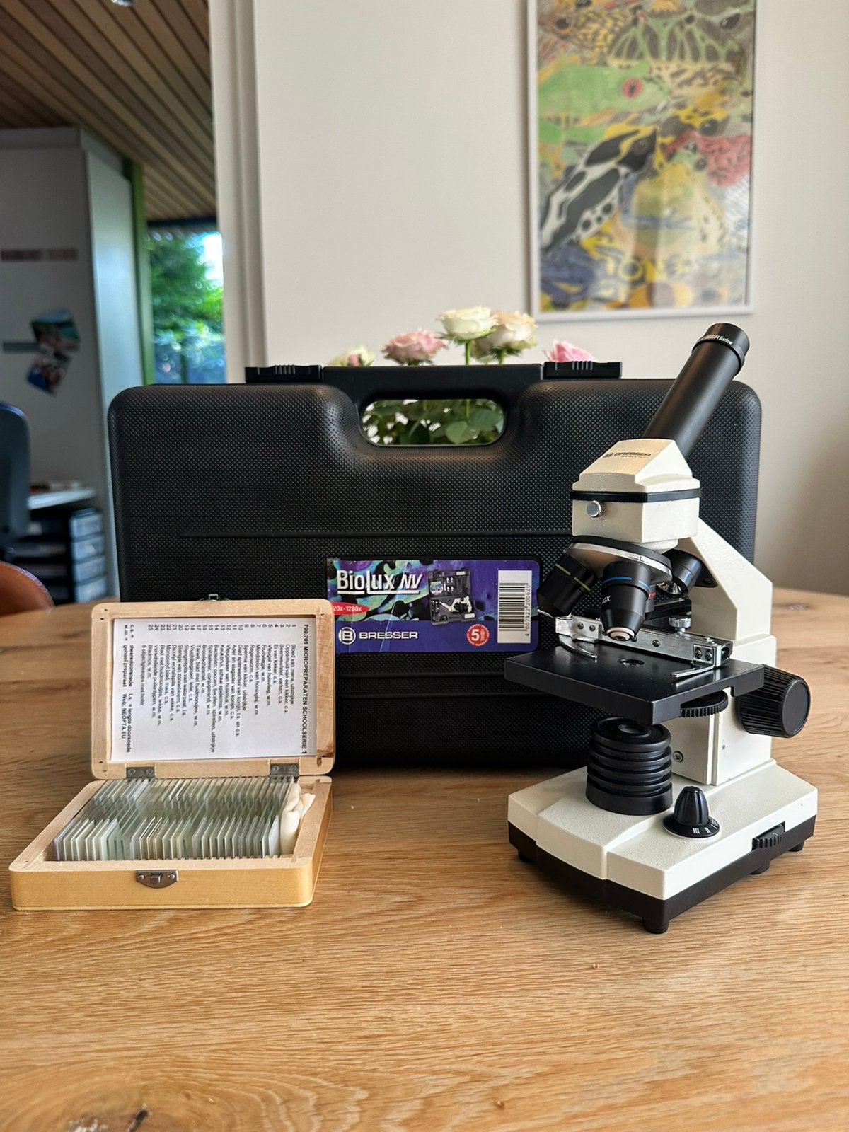 Bresser Biolux NV microscoop 20x–1280x + 24 micropreparaten, Ophalen, Zo goed als nieuw, 1000x of meer, Biologische microscoop
