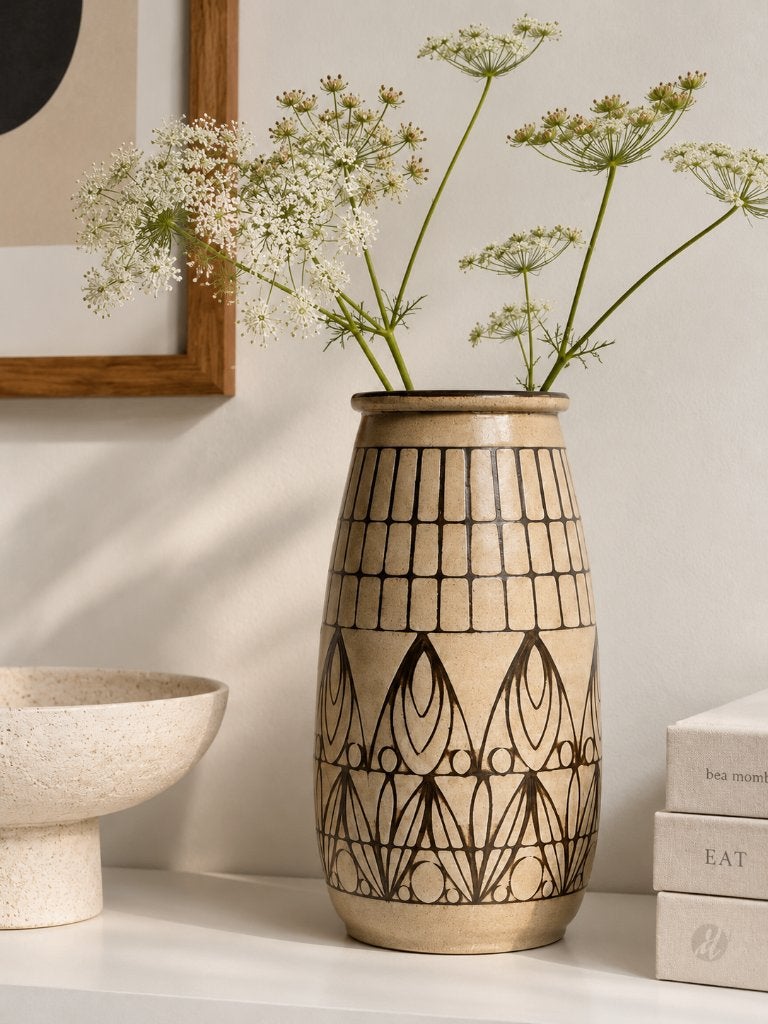 Vintage keramieken vaas uit West-Duitsland Sgraffito decor, 23 cm, Handgemaakt, Meerkleurig, Ophalen of Verzenden