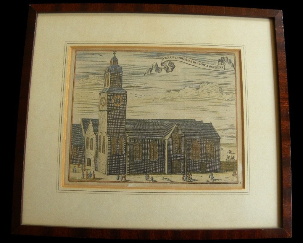 Antieke kopergravure Lebuïnuskerk Deventer 1697 gesigneerd, Architectuur, Gravure, Gesigneerd, 1600 - 1699