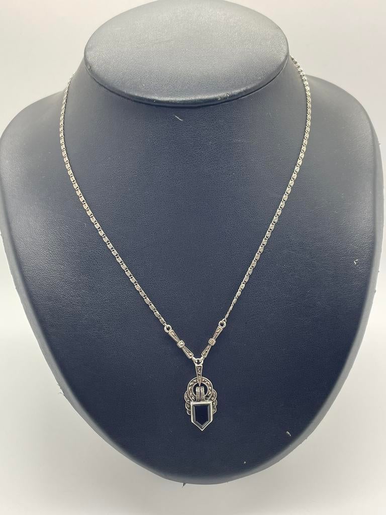 D729 Prachtige vintage zilveren ketting onyx markasiet, Ophalen of Verzenden, X, Met edelsteen, Zilver