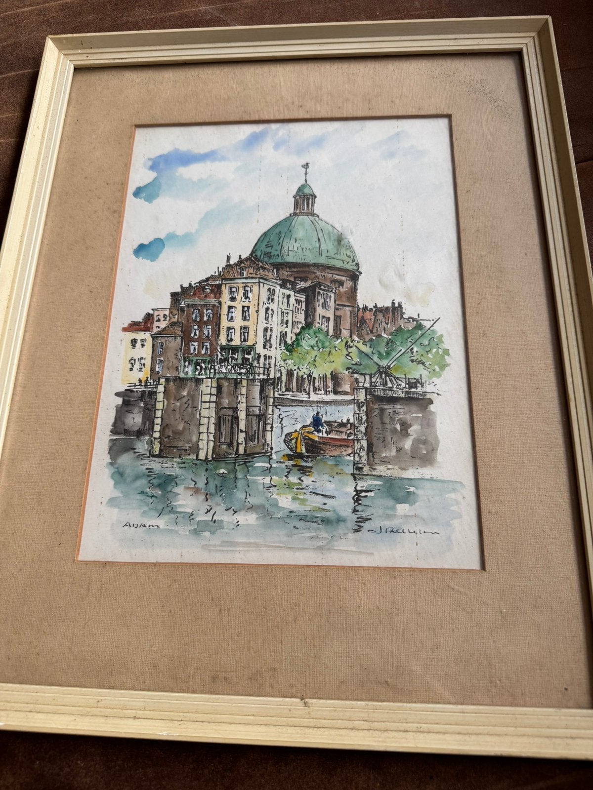 Aquarel Amsterdam (A'dam) - Ronde Lutherse Kerk - J. Reuver, Antiek en Kunst, Ophalen of Verzenden