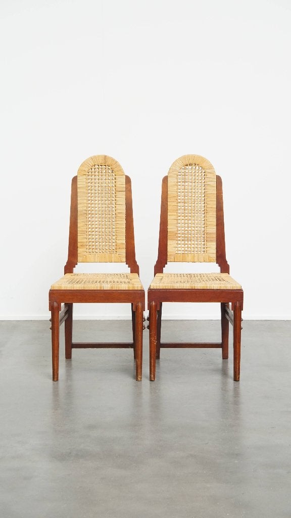 Leuke set van twee Art Deco design eetkamerstoelen, Huis en Inrichting, Stoelen, Ophalen, Gebruikt, Twee, Bruin