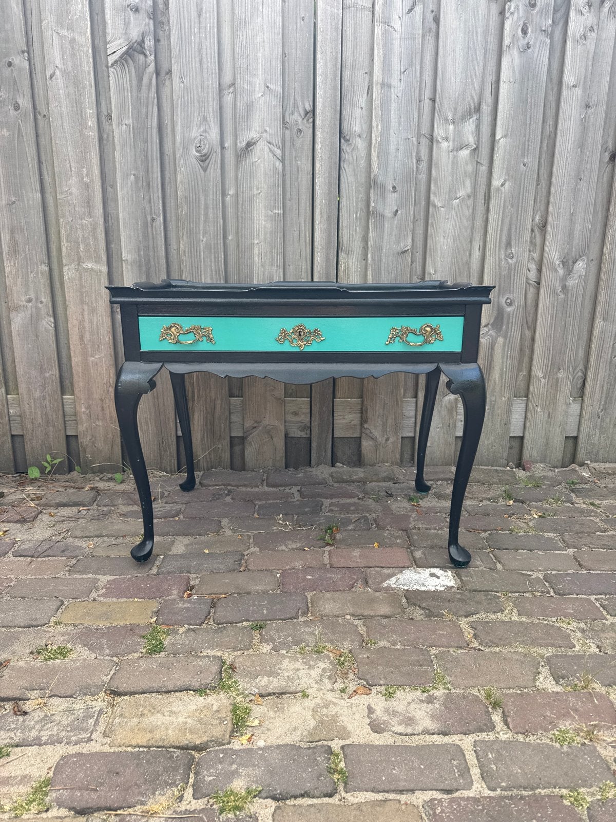 Queen Anne bijzettafel met lade - Zwart en turquoise, Ophalen