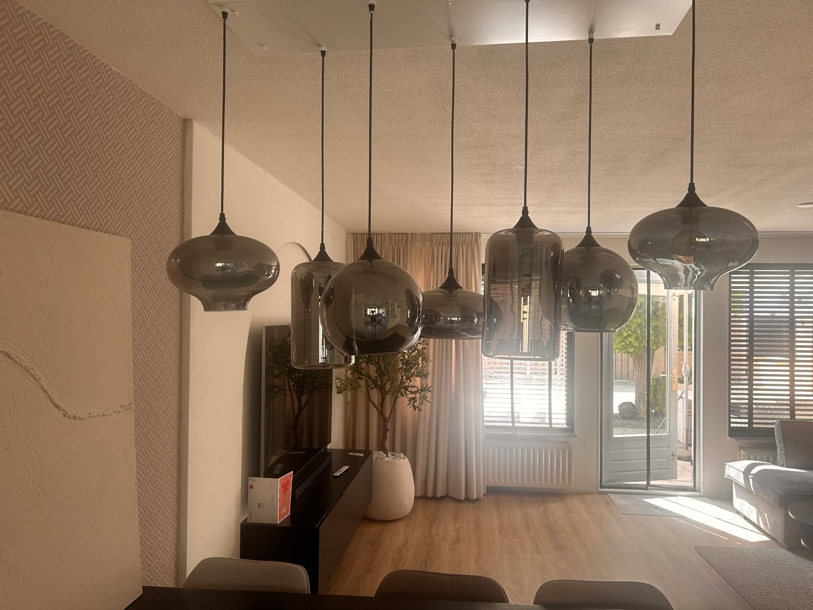 Moderne hanglampen set met 7 glazen kappen, Ophalen, Gebruikt, Glas