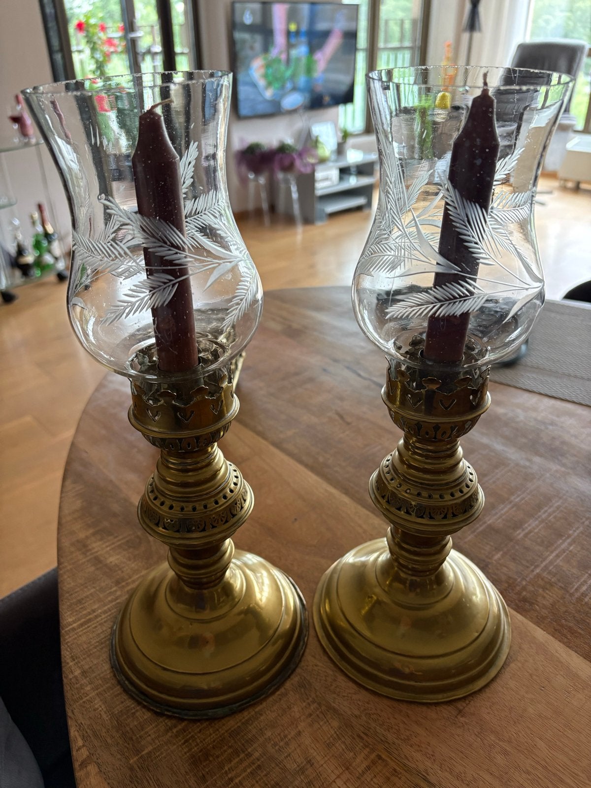 Antieke Messing Kandelaars met Glazen Windschermen, Ophalen, Koper of Brons