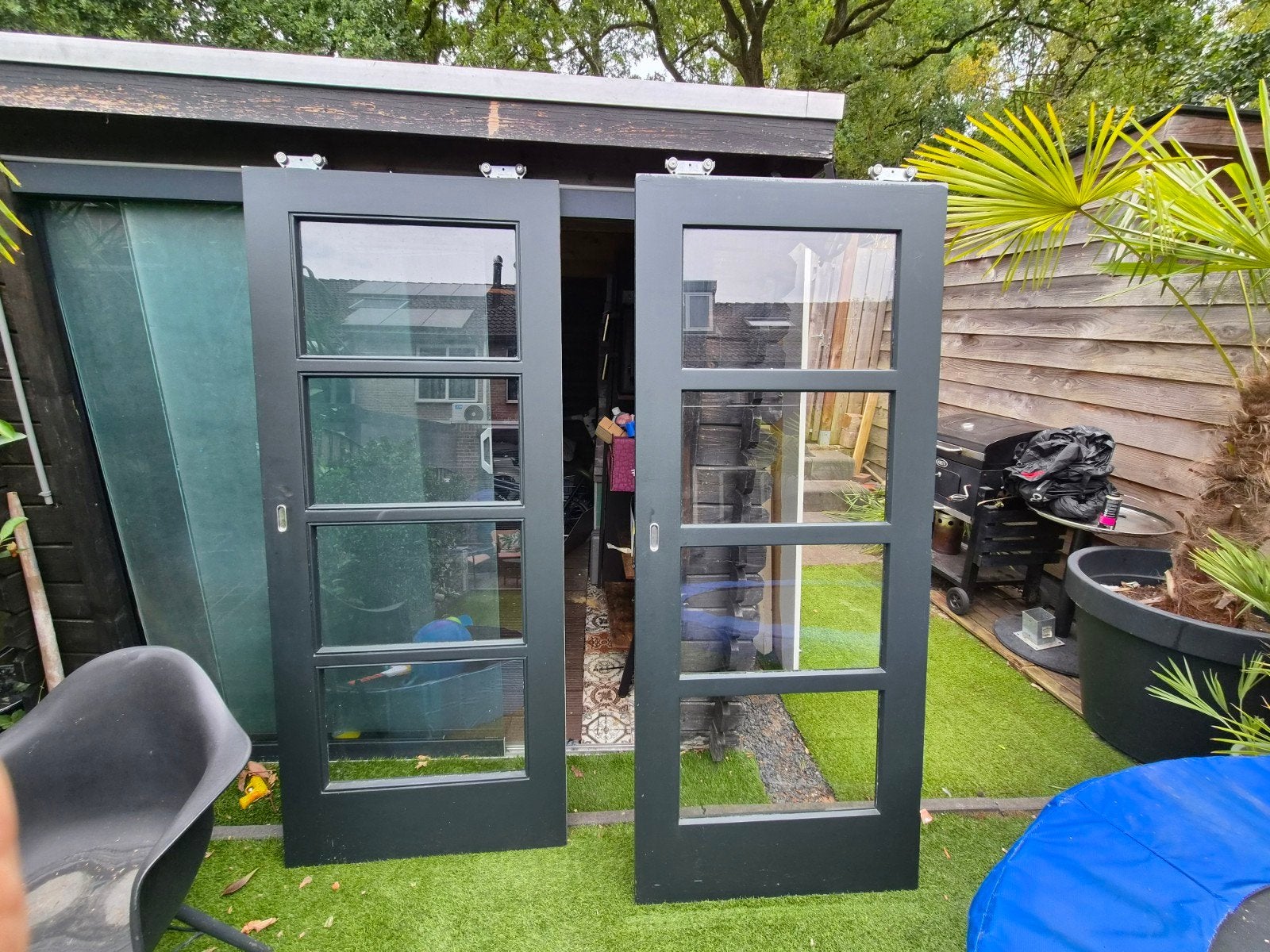 En suite deuren met glas en c-rail voor ophanging, Doe-het-zelf en Verbouw, Deuren en Horren, Ophalen, Gebruikt, 80 tot 100 cm