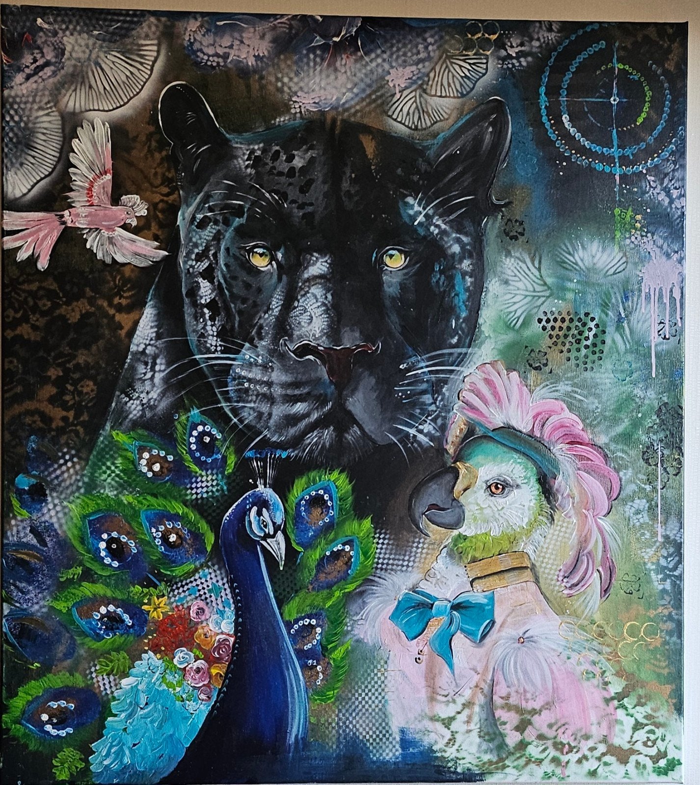 Uniek schilderij: Zwarte Panter, Pauw en Kaketoe, Ophalen, Acrylverf, Textiel, Dieren