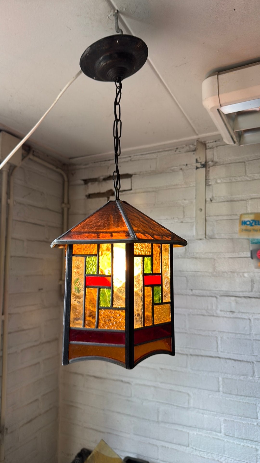 Mooi en gaaf art deco glas in lood hanglamp zeskantig, Ophalen of Verzenden