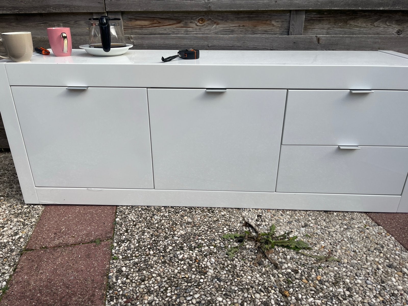 Wit dressoir/ tv meubel met lades en deuren - 160x45x58 cm, Ophalen, Gebruikt, 150 tot 200 cm, Met lade(s)
