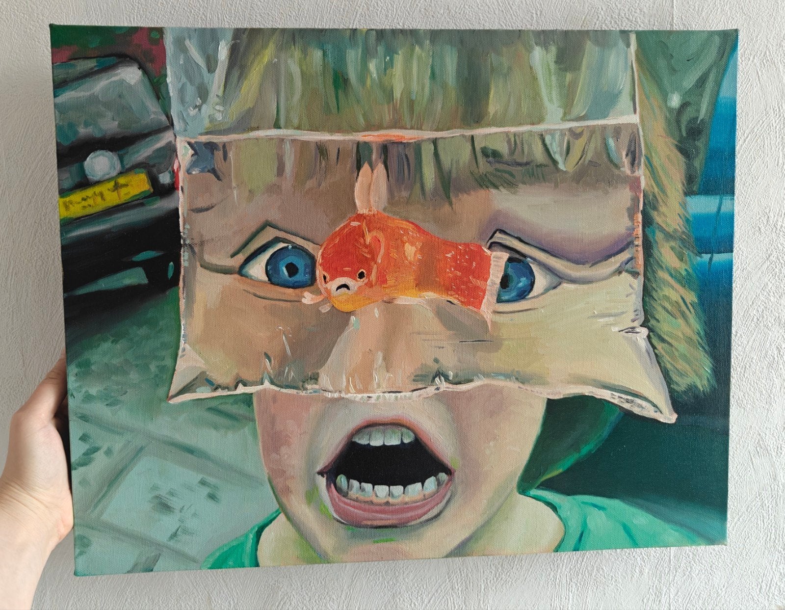 Uniek schilderij: Kind met goudvis in zak, Ophalen of Verzenden