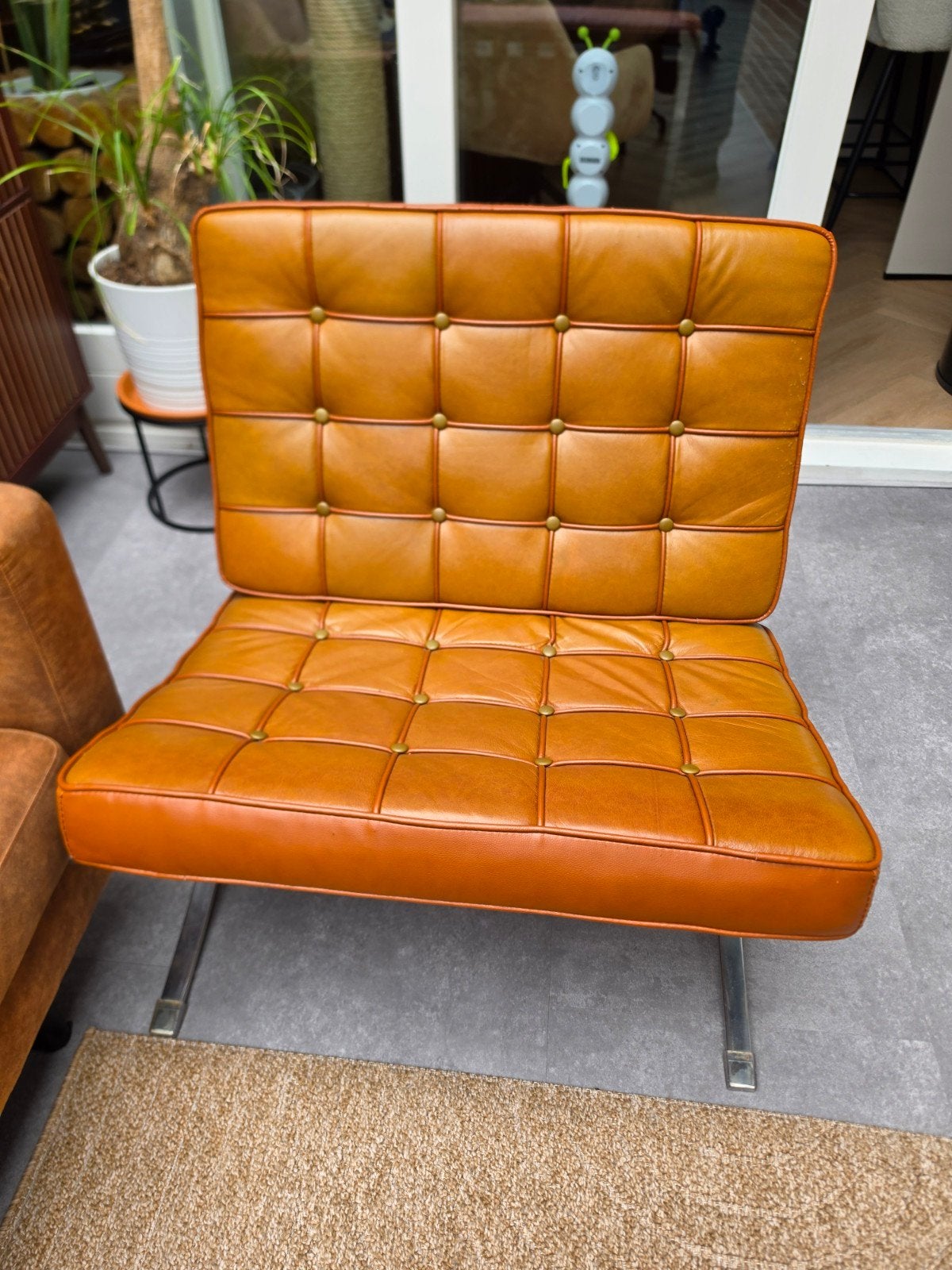 Leren fauteuil - Barcelona stijl - met gebruikssporen, Ophalen, Gebruikt, Bruin, Eén