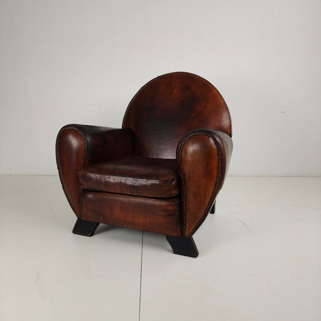 Leren Art Deco herenclubfauteuil, Antiek en Kunst, Antiek | Meubels | Stoelen en Banken, Ophalen of Verzenden