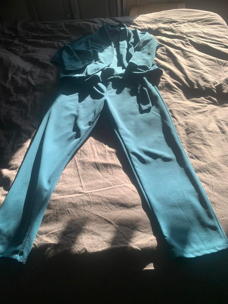 Petrol broekpak : blazer en broek L, Kleding | Dames, Kostuum of Pak, Blauw, Maat 42/44 (L), Ophalen of Verzenden