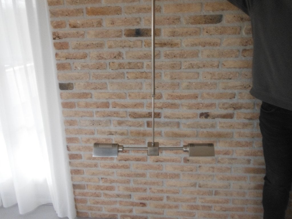 dimbare design eettafel lamp in zilverkleur / edelstaal, Ophalen of Verzenden, Zo goed als nieuw, Metaal