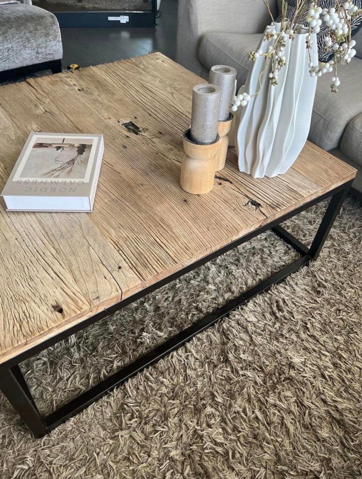 Grote salontafel van gerecycled hout en metaal, Ophalen, Gebruikt, Vierkant, Minder dan 50 cm